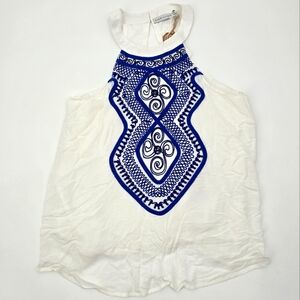 Paper Crane Embroidered White and Blue Women's Halter Top Size S